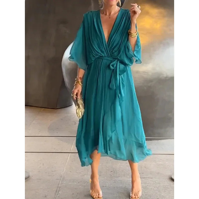 Robe Longue Femme en Mousseline de Soie avec Décolleté en V – Élégance Intemporelle