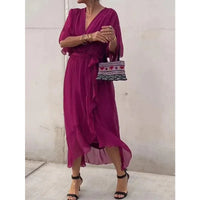 Robe Longue Femme en Mousseline de Soie avec Décolleté en V – Élégance Intemporelle - Fuchsia / S